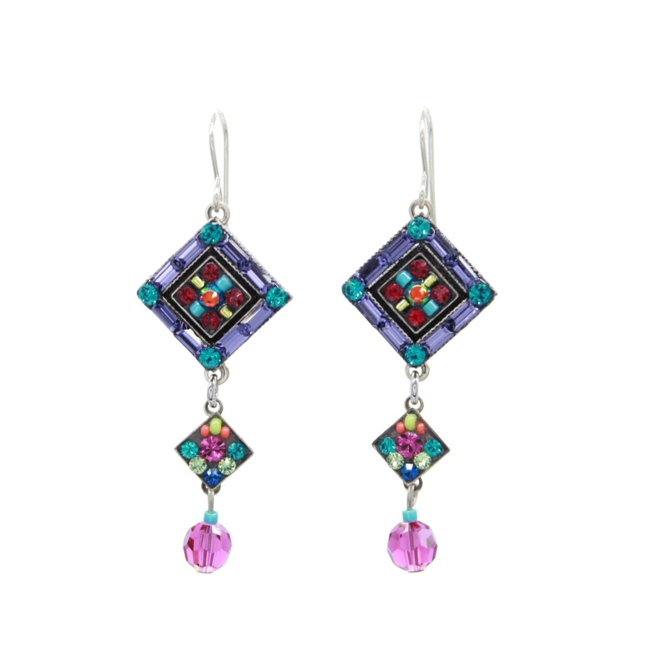 Enhance your style with La Dolce Vita Diagonal Drop Multi-Color Earrings from Firefly, showcasing vibrant purple, teal, red, and black mosaic squares. Handmade in Guatemala and fair-trade certified, they feature a smaller square with matching patterns and a pink bead for an exquisite touch.