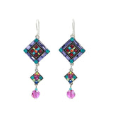 Enhance your style with La Dolce Vita Diagonal Drop Multi-Color Earrings from Firefly, showcasing vibrant purple, teal, red, and black mosaic squares. Handmade in Guatemala and fair-trade certified, they feature a smaller square with matching patterns and a pink bead for an exquisite touch.