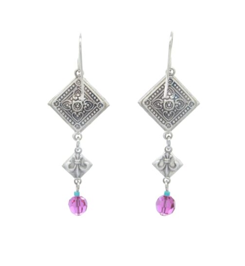 Meet La Dolce Vita Diagonal Drop Multi-Color Earrings by Firefly: Silver dangling accessories with a square design, handcrafted in Guatemala. They feature intricate patterns and a small purple bead, proudly celebrating fair-trade jewelry against a serene white background.