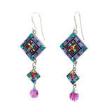 Discover Fireflys La Dolce Vita Diagonal Drop Multi-Color Earrings, handmade in Guatemala. These dangling earrings feature geometric designs with a colorful large square, a smaller one beneath adorned with pink and turquoise accents, and conclude with a pink bead for fair-trade charm.