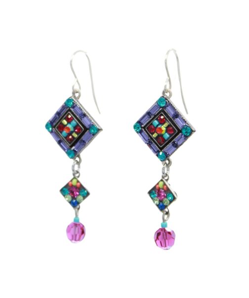Discover Fireflys La Dolce Vita Diagonal Drop Multi-Color Earrings, handmade in Guatemala. These dangling earrings feature geometric designs with a colorful large square, a smaller one beneath adorned with pink and turquoise accents, and conclude with a pink bead for fair-trade charm.