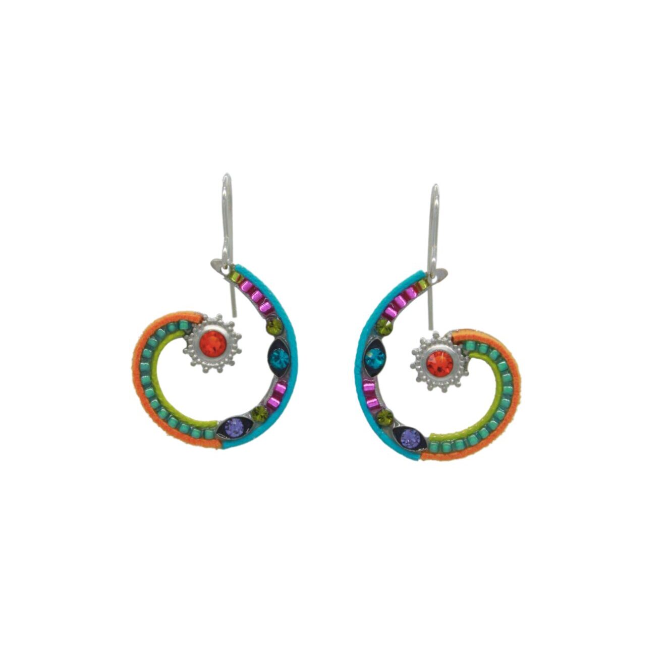 Discover the Spiral Sunburst Multi-Color Earrings by Firefly Jewelry. These handmade earrings feature vibrant spiral designs with multicolored threads, beads, and a radiant sun motif. Ethically crafted with fair-trade practices, they offer a stunning spectrum from orange to purple.