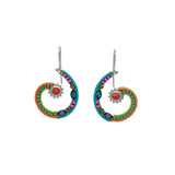 Discover the Spiral Sunburst Multi-Color Earrings by Firefly Jewelry. These handmade earrings feature vibrant spiral designs with multicolored threads, beads, and a radiant sun motif. Ethically crafted with fair-trade practices, they offer a stunning spectrum from orange to purple.