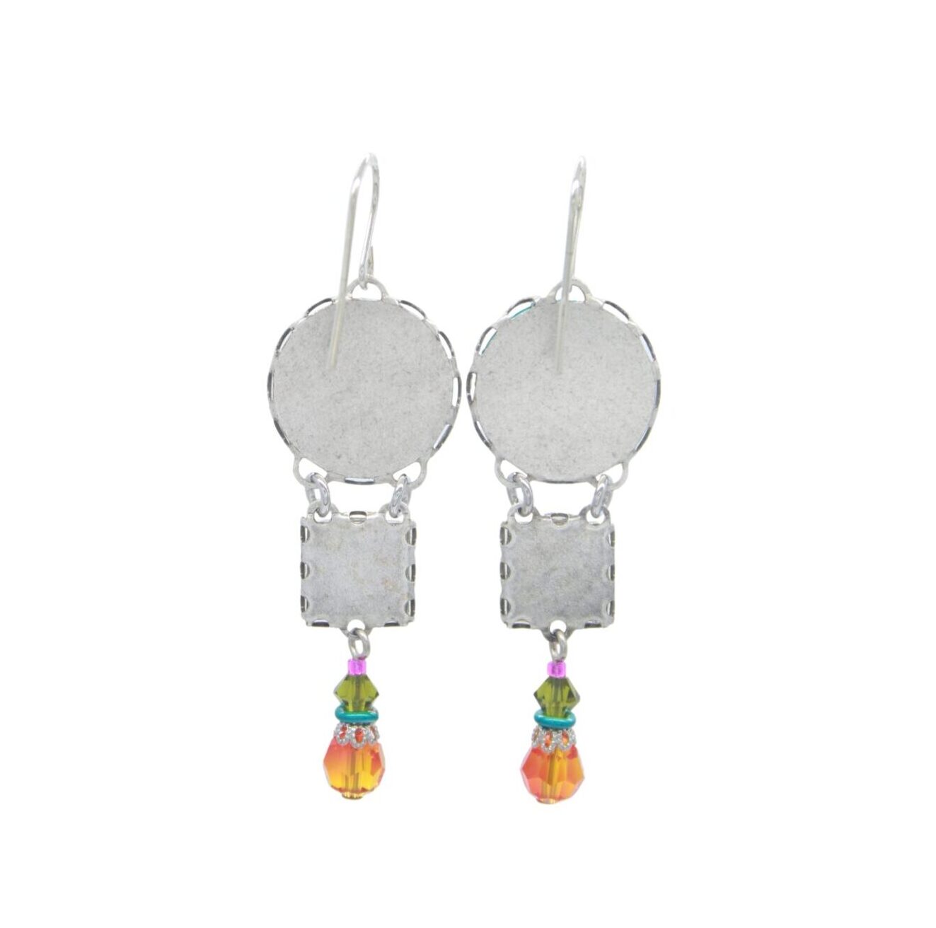 La Dolce Vita 3 Tier Multi-Color Earrings by Firefly feature round and square silver pieces linked with colorful beads and orange teardrop crystals. Handmade in Guatemala, these fair-trade earrings reflect traditional craftsmanship.