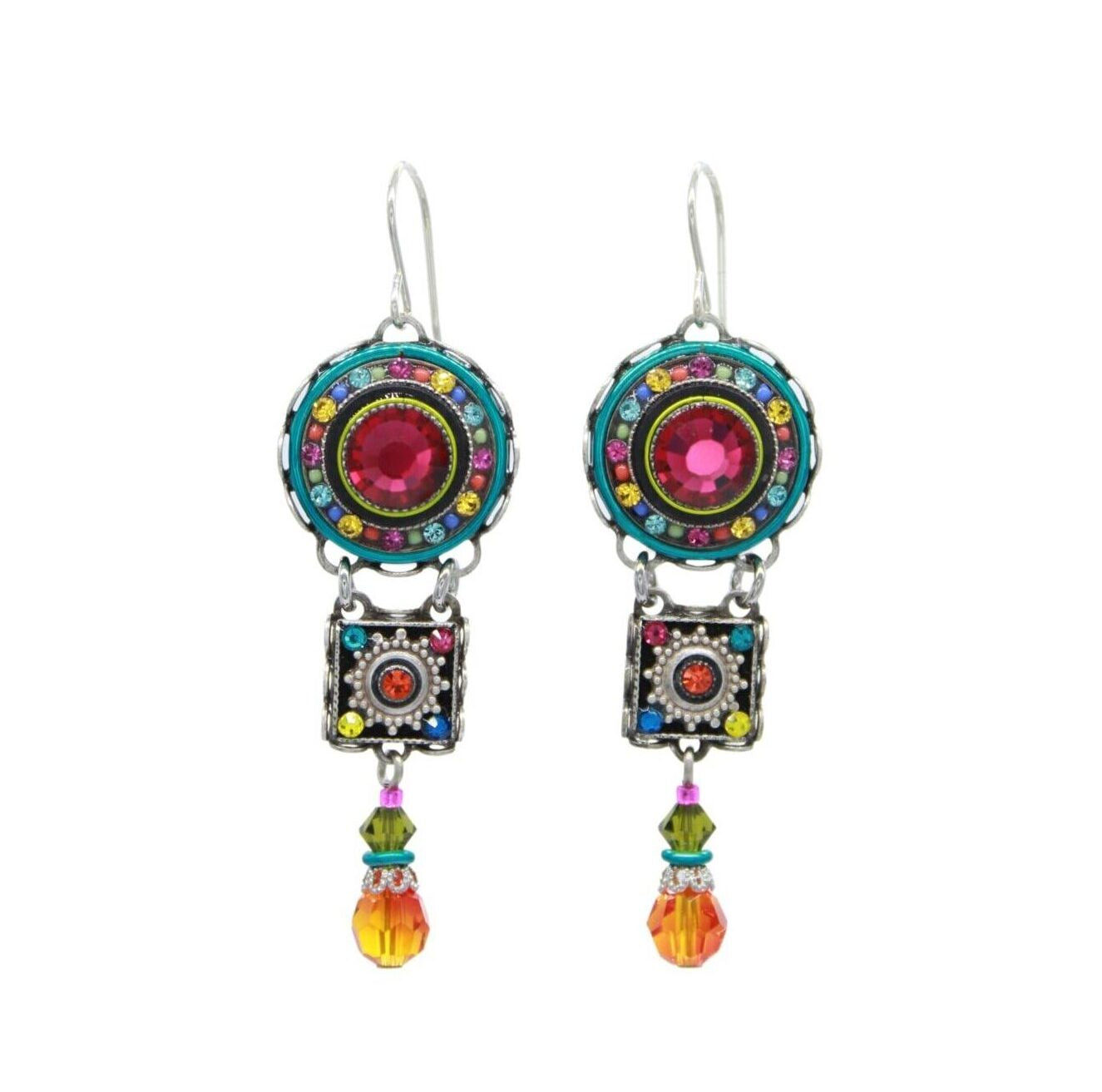 The La Dolce Vita 3 Tier Multi-Color Earrings by Firefly Jewelry feature vibrant designs with circular and square motifs, red gemstones, multicolored stones, and dangling orange/red beads finished with silver-toned hooks.