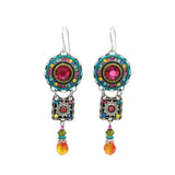 The La Dolce Vita 3 Tier Multi-Color Earrings by Firefly Jewelry feature vibrant designs with circular and square motifs, red gemstones, multicolored stones, and dangling orange/red beads finished with silver-toned hooks.