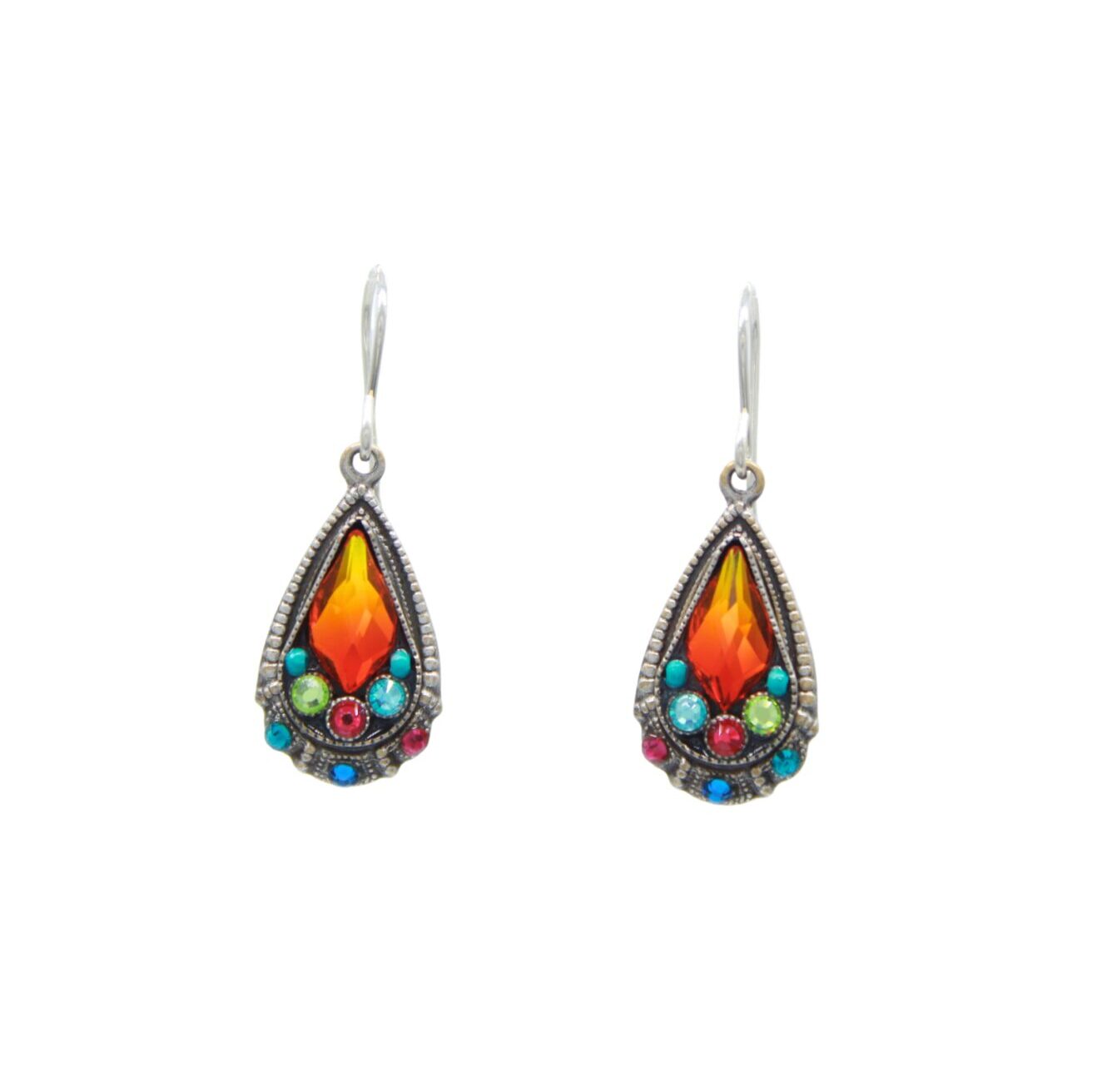 The Elegant Drop Multi-Color Earrings by Firefly feature teardrop-shaped, orange gemstones surrounded by smaller turquoise, green, red, and light blue stones. Handmade in Guatemala with hypo-allergenic materials, they include silver hooks and ornate metal detailing on a plain white background.
