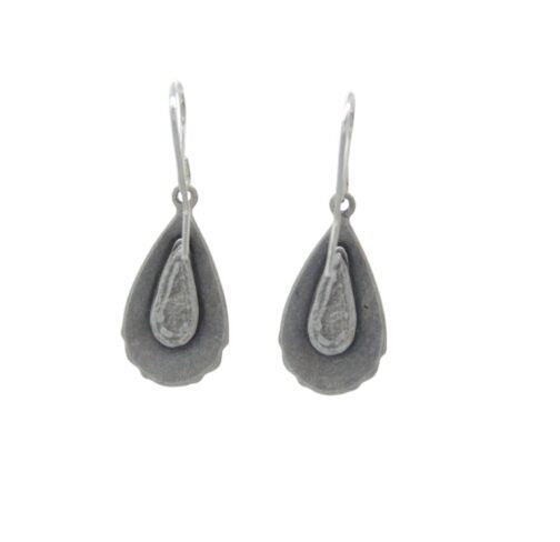 The Elegant Drop Multi-Color Earrings by Firefly feature a silver-colored teardrop shape with a layered design and inner drop motif. Handmade in Guatemala, these hypo-allergenic earrings come with hooks for comfort against a white background.