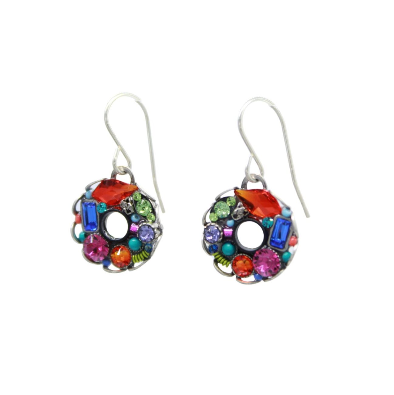 The Bejeweled Multi-Color Hoop Earrings by Firefly feature vibrant gemstones—blue rectangular, red teardrop, and round pink, green, and purple stones. Handmade in Guatemala with a metallic hook for easy wear, these fair-trade pieces exemplify Fireflys craftsmanship.