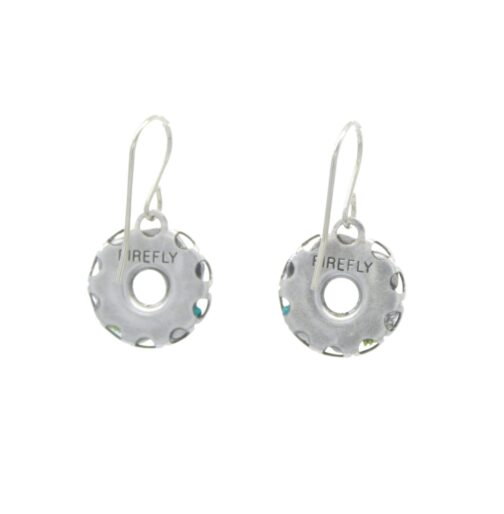 Handmade in Guatemala, the Bejeweled Multi-Color Hoop Earrings by Firefly feature round, perforated pendants engraved with FIREFLY. These fair-trade earrings are attached to thin, curved hooks for wearing.
