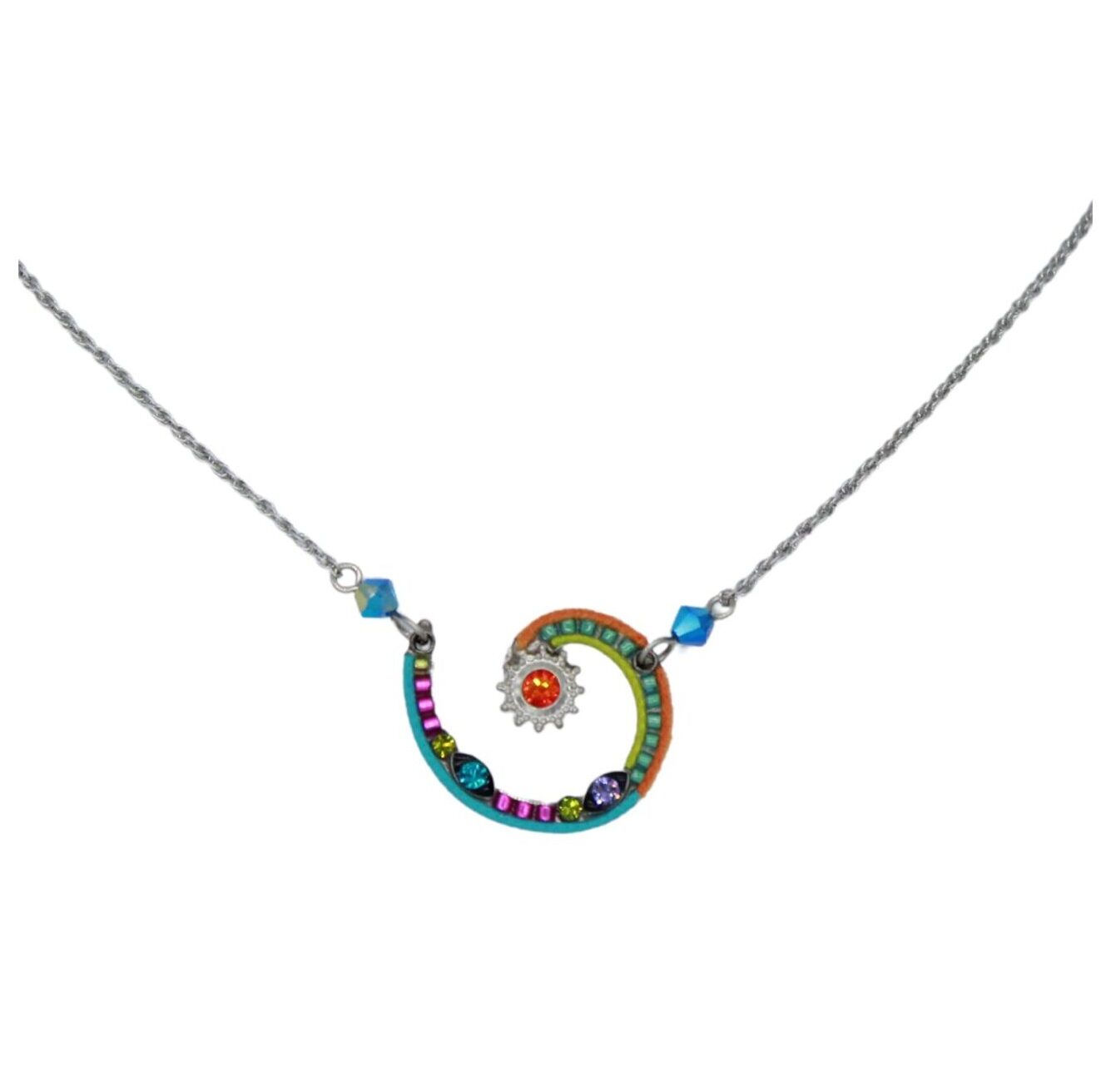 The Firefly Jewelry Spiral Sunburst Multi-Color Necklace is handmade in Guatemala, showcasing a vibrant pendant with blue, pink, green accents and an orange-yellow flower motif. Its colorful design elegantly hangs on a delicate silver chain.