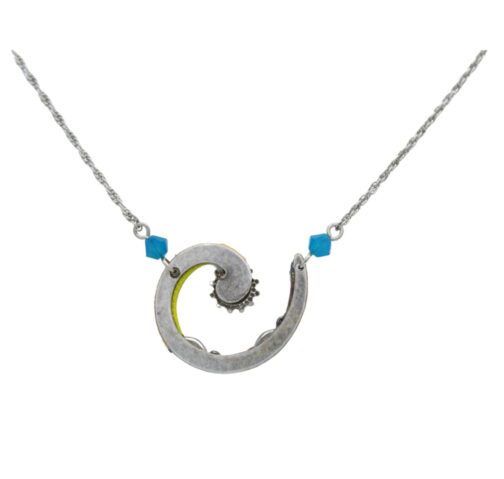 The Spiral Sunburst Multi-Color necklace by Firefly Jewelry is handmade in Guatemala using fair-trade practices. It features a silver spiral pendant with an abstract swirl design, accented by two small blue beads and yellow highlights along the chain.