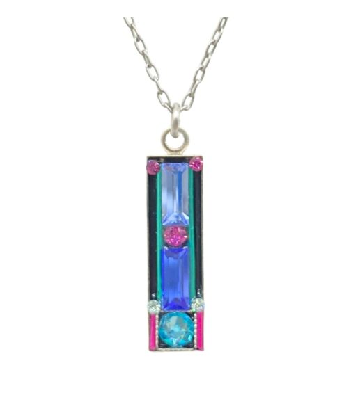 The Architectural Light Turquoise Necklace by Firefly Jewelry features a vertical, rectangular design with vibrant blue, purple, and pink gemstones elegantly set in a silver frame. This hypo-allergenic piece is handmade in Guatemala, hanging gracefully from a silver chain.