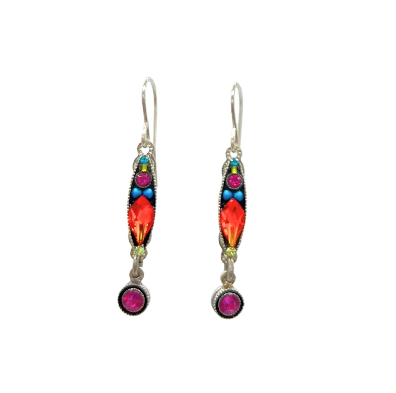 Explore Firefly Jewelrys Linear Two Tier Multi-Color Earrings. Fair-trade and handmade in Guatemala, these silver-toned accents feature red, pink, green, and blue stones. Each piece includes a hook for easy wear.