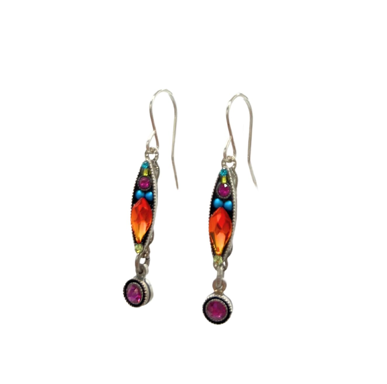 Handcrafted in Guatemala, Fireflys Linear Two Tier Multi-Color Earrings boast vibrant orange, pink, blue, and green stones set in elegant silver. Embracing fair-trade practices, these earrings add an authentic artistic touch to any outfit.