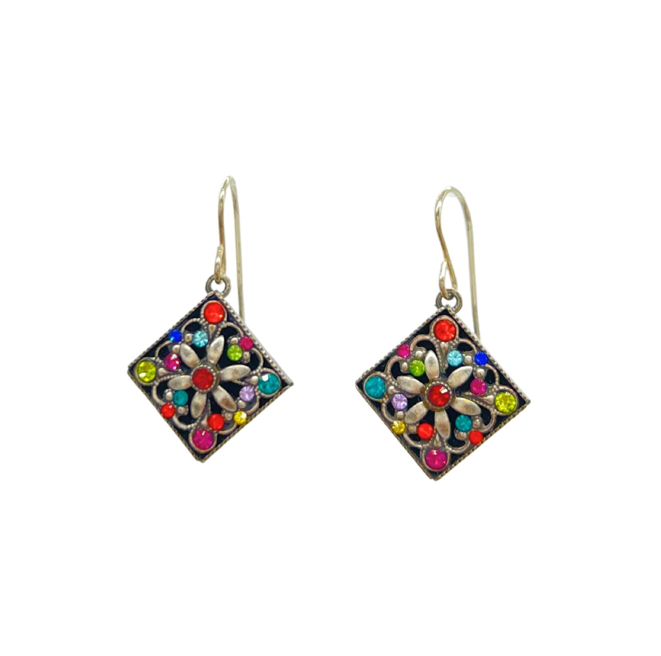 Handcrafted in Guatemala by Firefly, these elegant diamond-shaped earrings feature a floral pattern with vibrant red, green, yellow, blue, and purple gems. These fair-trade pieces hang gracefully from simple metal hooks.