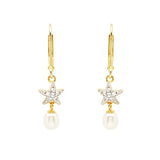 The Gold Vermeil Starfish Pearl Drop Earrings by Shanore showcase starfish designs encrusted with small crystals, each featuring a dangling pearl.