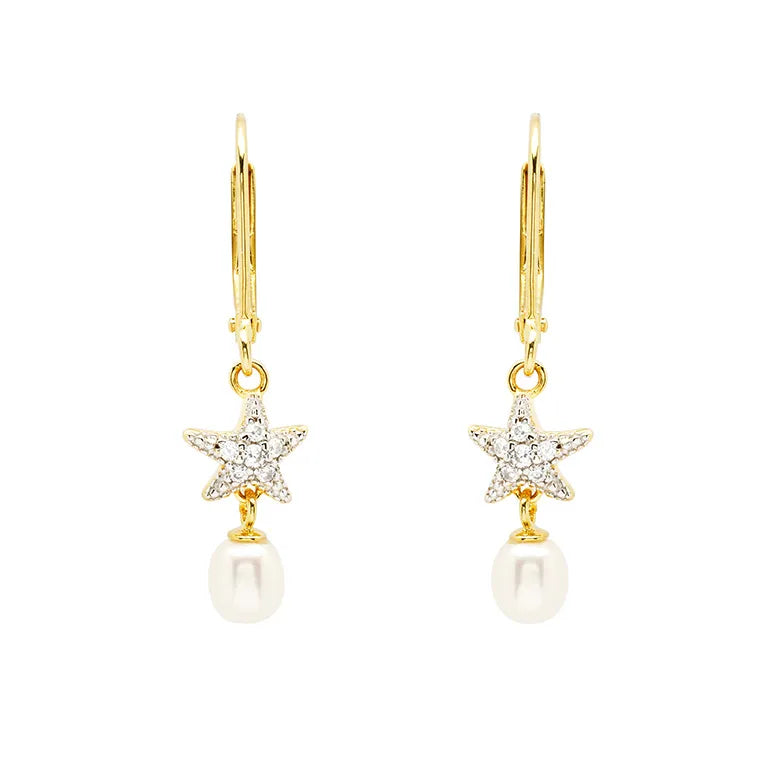 The Gold Vermeil Starfish Pearl Drop Earrings by Shanore showcase starfish designs encrusted with small crystals, each featuring a dangling pearl.