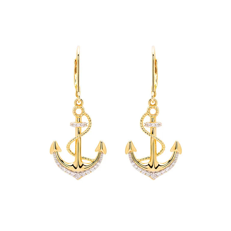Shanores Gold Vermeil Anchor Drop Earrings from the Ocean Jewelry collection feature diamond accents, interwoven rope detailing, and dazzling cubic zirconia for an elegant touch.