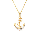 Shanores Gold Vermeil Anchor Necklace from the Ocean Jewelry collection features a stunning cubic zirconia-adorned anchor with a wrapped rope design, elegantly hanging on a delicate gold chain.