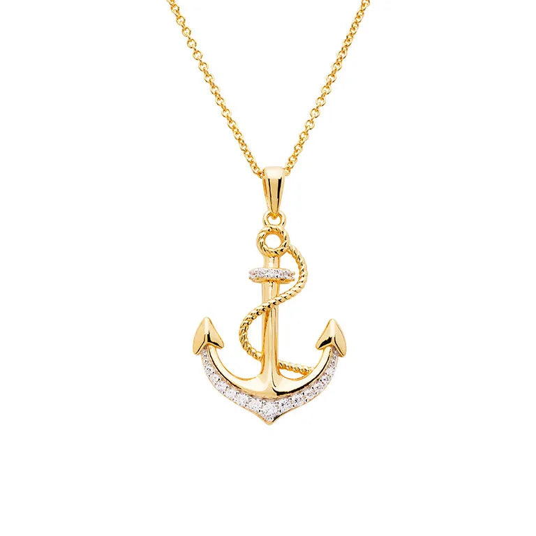 Shanores Gold Vermeil Anchor Necklace from the Ocean Jewelry collection features a stunning cubic zirconia-adorned anchor with a wrapped rope design, elegantly hanging on a delicate gold chain.