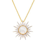 The Shanore Gold Vermeil Mother of Pearl Sun Necklace from Ocean Jewelry showcases a sunburst pendant, featuring a round Mother of Pearl center with cubic zirconia-studded rays, evoking the look of a radiant sun.