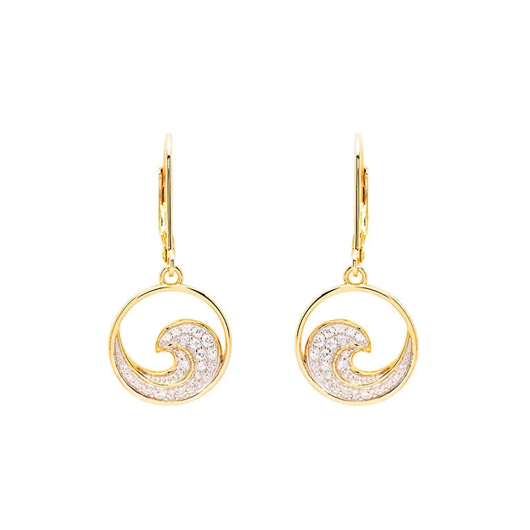 The Shanore Gold Vermeil Ocean Wave Earrings feature a circular swirl adorned with white cubic zirconia stones, complete with a dangling hook attachment for an elegant sparkle reminiscent of ocean waves.