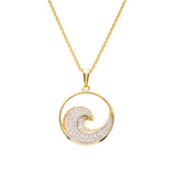 The Shanore Gold Vermeil Ocean Wave Necklace - Ocean Jewelry boasts a stylized wave pendant crafted in gold vermeil and adorned with sparkling gemstones. Its delicate 925 sterling silver chain adds elegance, perfectly complementing the sleek design.