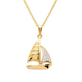 The Shanore Gold Vermeil Sailboat Necklace from the Ocean Jewelry collection showcases a sailboat pendant with a cubic zirconia-adorned sail on a delicate chain.