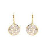 Shanores Gold Vermeil Sand Dollar Earrings capture the oceans beauty with a circular cubic zirconia design. They hang from delicate hooks, offering an elegant, ornate look.
