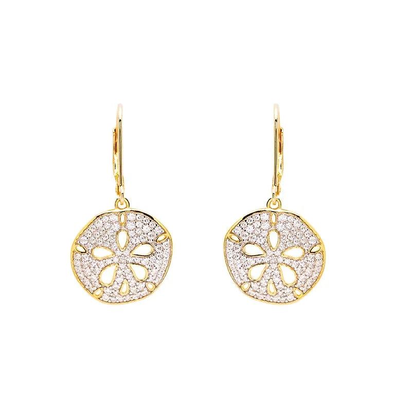 Shanores Gold Vermeil Sand Dollar Earrings capture the oceans beauty with a circular cubic zirconia design. They hang from delicate hooks, offering an elegant, ornate look.