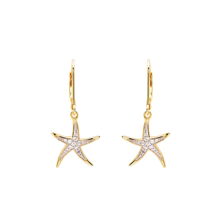 Shanores Gold Vermeil Starfish Earrings from the Ocean Jewelry collection, adorned with cubic zirconia and hanging from delicate hooks, capture the oceans allure. These 14k gold treasures radiate elegance against a pristine white backdrop.