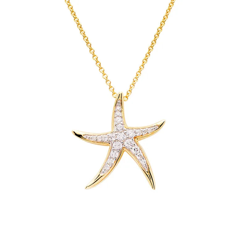 The Shanore Gold Vermeil Starfish Necklace- Ocean Jewelry features a 14k starfish pendant adorned with cubic zirconia stones, set against a plain white background.