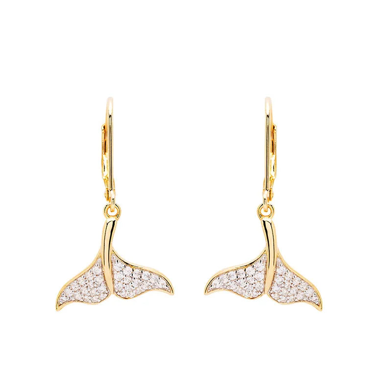 Shanores Gold Vermeil Whale Tail Drop Earrings from the Ocean Jewelry collection, adorned with small sparkling stones, are elegantly displayed on a white background.