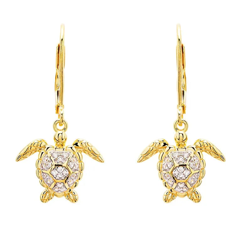 Shanores Gold Vermeil Turtle Drop Earrings, from the Ocean Jewelry collection, feature delicate gold hooks paired with sparkling cubic zirconia against a white backdrop.