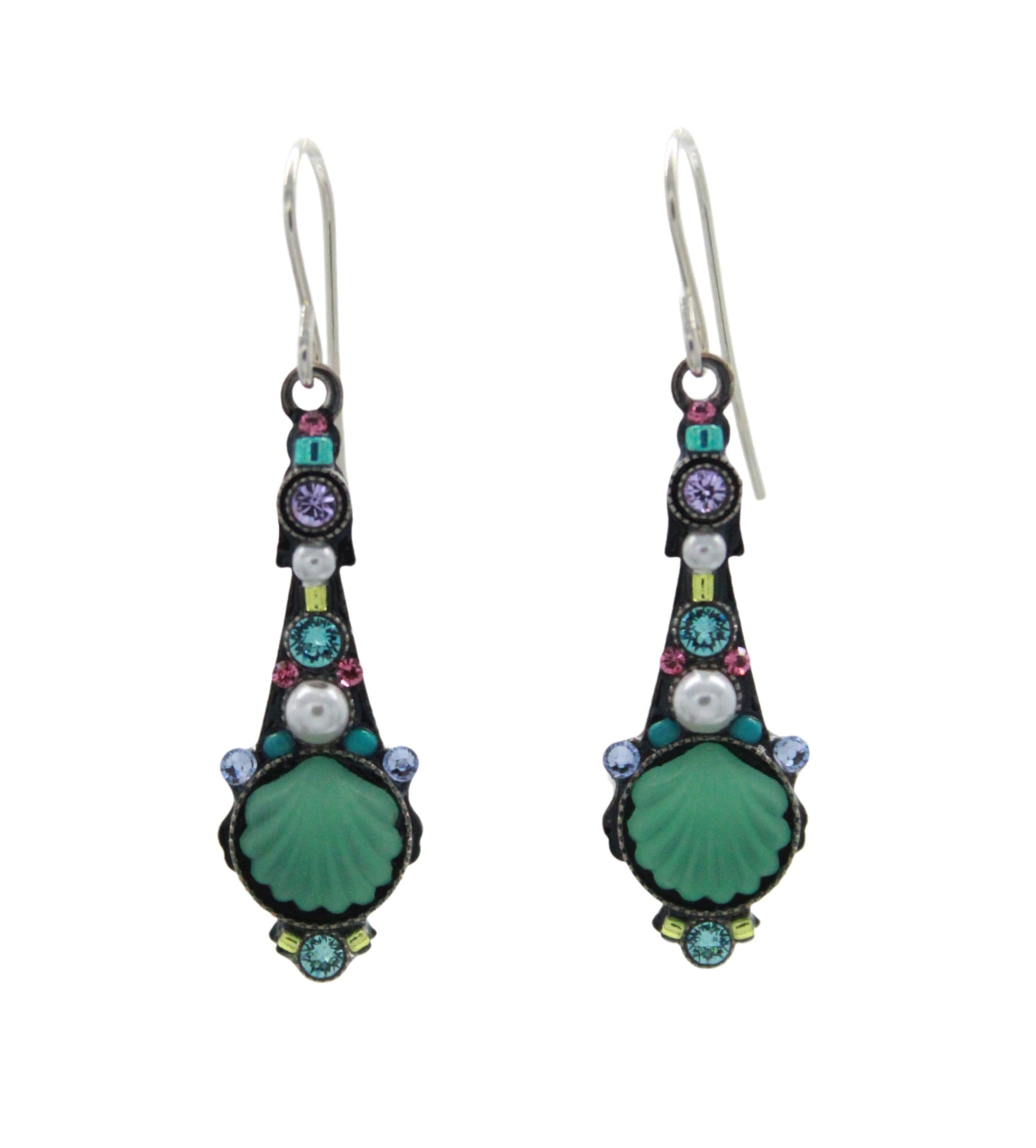 Beach Glass Green Shell Long Drop Soft Earrings by Firefly feature shell-shaped centers, multicolored gemstones, small pearls, and silver hooks. Experience the charm of unique handmade jewelry set against a white background.