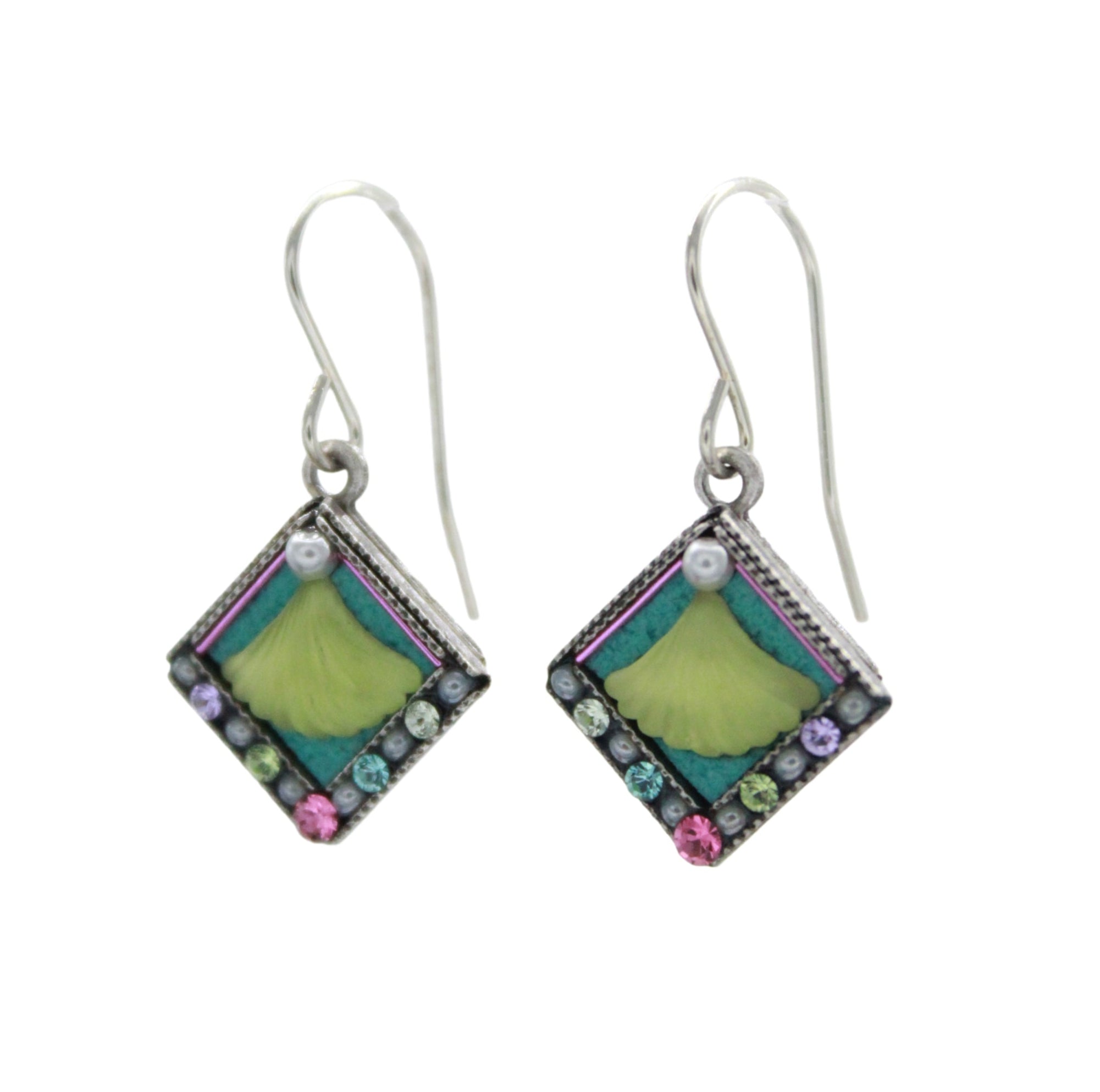 The Beach Glass Simple Diamond Soft Earrings by Firefly feature diamond-shaped silver drop pendants with green centers and multicolored gems, showcased on a white background—a stunning example of Fair Trade, handmade jewelry.