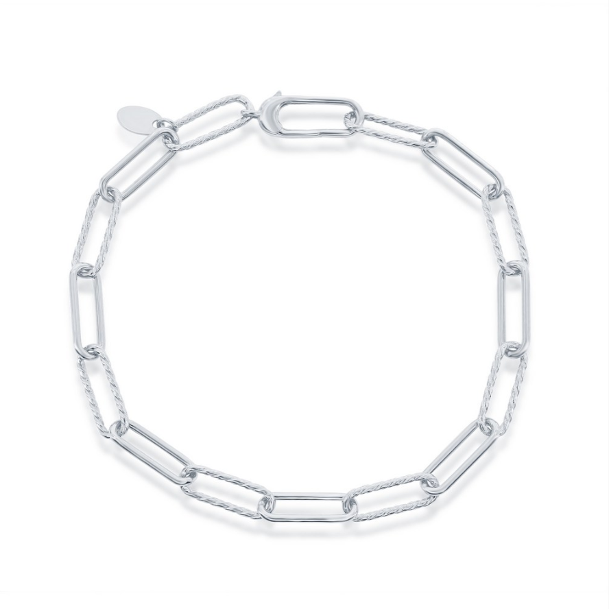 The Classic of New York Sterling Silver Alternating Rope/Polished Paperclip Bracelet features elongated rectangular links and a small oval tag, all rhodium plated for shine, shown on a plain white background.
