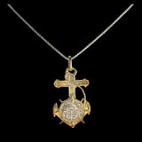 The Treasure Shoppe Inc. offers the Gold Plated Anchor Coin- Atocha Shipwreck Coins pendant, a gold cross, globe, and anchor design framed in sterling silver, perfectly showcased on a thin chain against a black background.