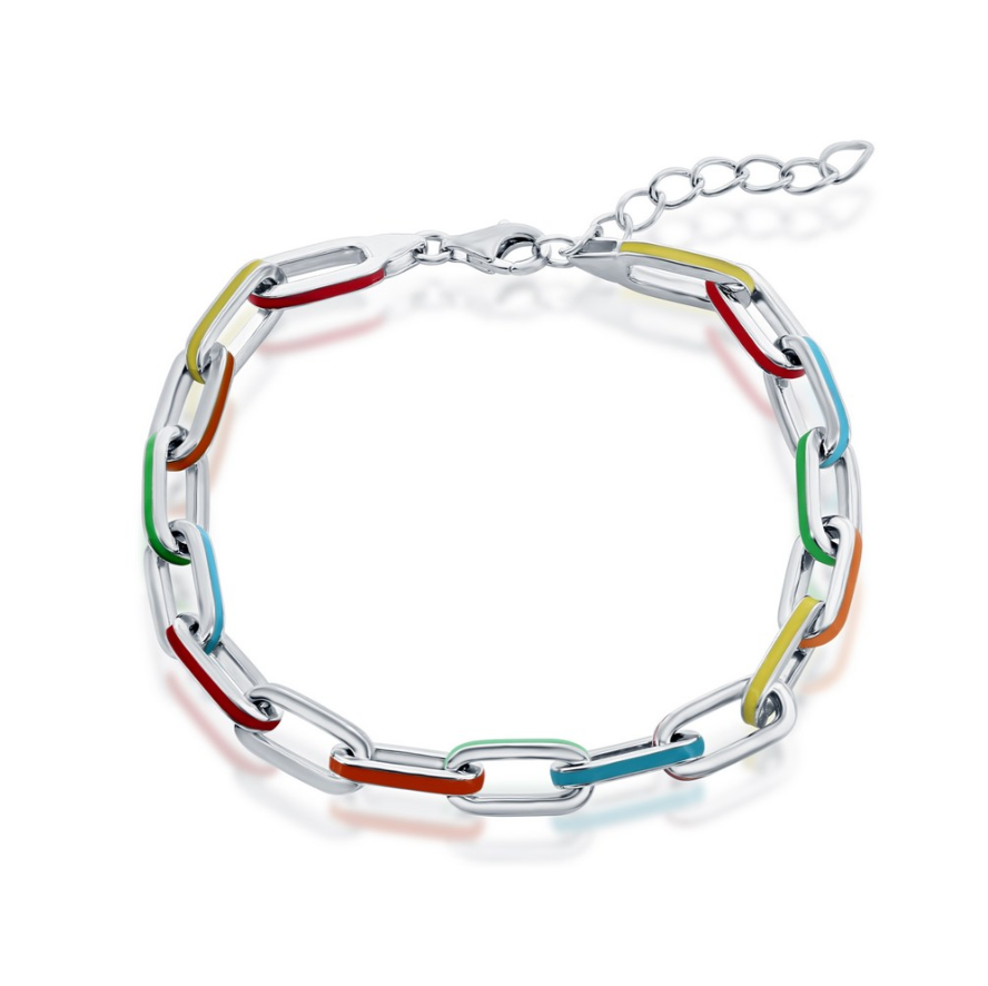 The Classic of New York Sterling Silver/Multi Color Enamel Paperclip Bracelet features large silver links, some coated in vibrant red, yellow, green, and blue enamel, and is finished with an adjustable clasp.