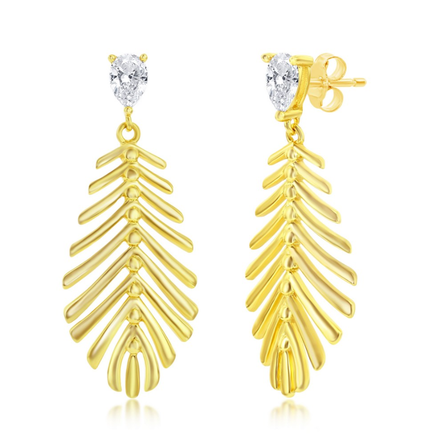 Classic of New York Gold Plated Leaf Cut Out w/CZ Post Dangle Earrings feature a polished leaf design with a sparkling cubic zirconia post, elegantly displayed on a white background.