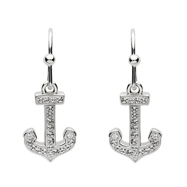 Shanores Ocean Jewelry features Swarovski Crystals Anchor Dangle Earrings, elegantly hanging on hooks.