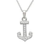 The Shanore Swarovski Crystals Anchor Necklace-Ocean Jewelry features a sterling silver anchor pendant adorned with sparkling stones and a delicate chain, creating an elegant nautical look against a white background.