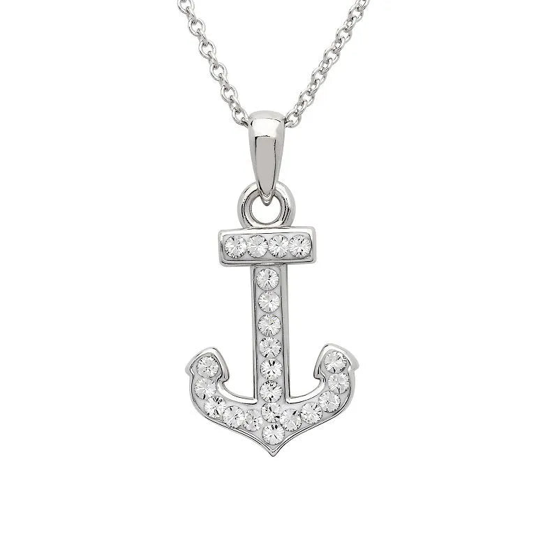 The Shanore Swarovski Crystals Anchor Necklace-Ocean Jewelry features a sterling silver anchor pendant adorned with sparkling stones and a delicate chain, creating an elegant nautical look against a white background.