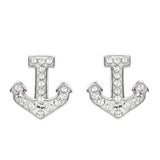 The Swarovski Crystals Anchor Stud Earrings by Shanore, part of the Ocean Jewelry collection, are sterling silver stud earrings adorned with small round Swarovski crystals that sparkle brilliantly against a pristine white background.