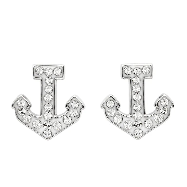 The Swarovski Crystals Anchor Stud Earrings by Shanore, part of the Ocean Jewelry collection, are sterling silver stud earrings adorned with small round Swarovski crystals that sparkle brilliantly against a pristine white background.