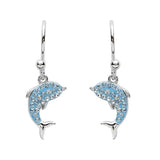 The Swarovski Crystals Aqua Cry Dolphin Drop Earrings by Shanore feature sterling silver dolphins with curved bodies and light blue crystals, detailed to look like theyre leaping upwards from simple hooks.