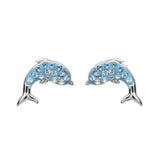 The Shanore Swarovski Crystals Aqua Dolphin Stud Earrings are crafted from sterling silver and showcase blue gemstones with clear Swarovski Crystals. These dolphin-shaped earrings offer a shiny, elegant appearance through the symmetrical arrangement of sparkling stones.