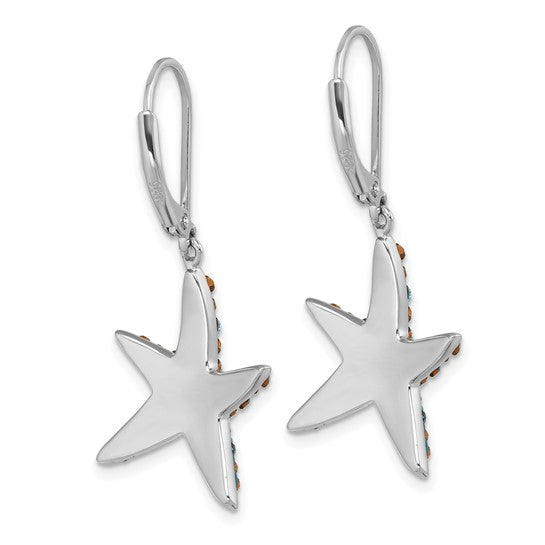 The Crystal Blue Starfish Earrings by Presco/Quality Gold feature lever-back hooks, sparkling Swarovski crystals, and sterling silver craftsmanship, beautifully displayed against a white background.