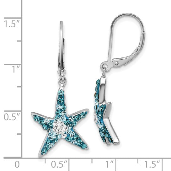 Crystal Blue Starfish Earrings by Presco/Quality Gold feature blue and clear Swarovski crystals, each about 1 inch wide, dangling from silver lever-back hooks. These sterling silver earrings add sparkle to any look.